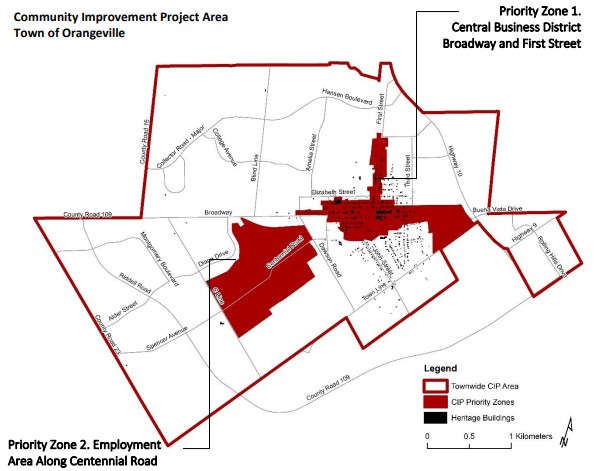 Map of Orangeville's CIP Area and Priority Zones