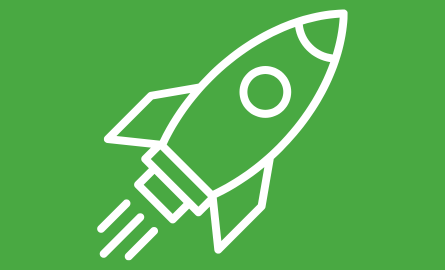 A white icon of a rocket on a green background
