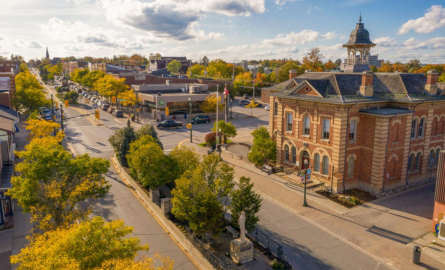 An aerial of Orangeville's historic Town Hall and main street