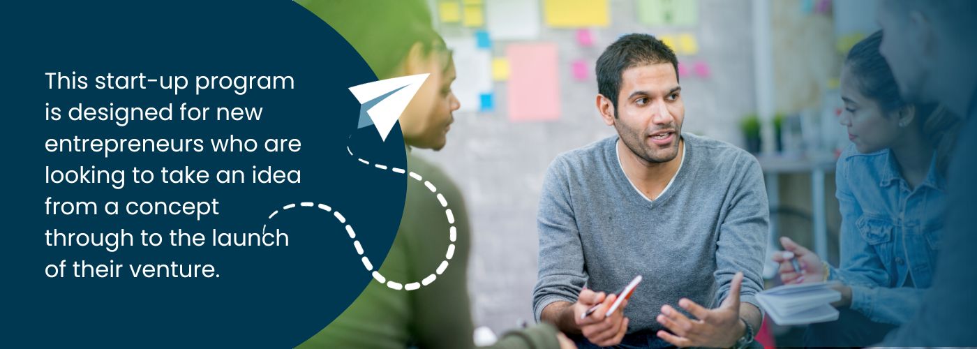 A man is sitting and addressing a group of people. The copy on the graphic reads, “this start-up program is designed for new entrepreneurs who are looking to take an idea from concept through the launch of their venture.”