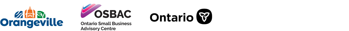A row of partner organization logos on a white background: Town of Orangeville, the Ontario Small Business Advisory Centre (OSBAC), and Ontario.