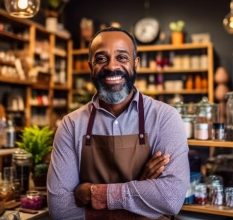 A Black man is standing inside a store with wooden shelves filled with products. 