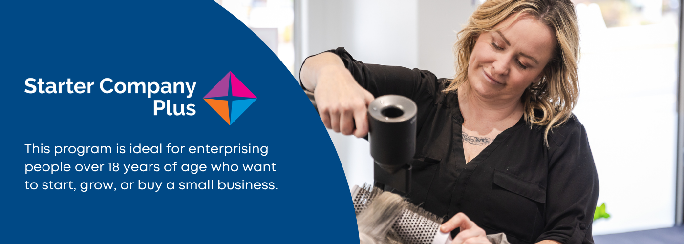 Starter Company Plus program Blue graphic with image of hair dresser blow drying a clients hair