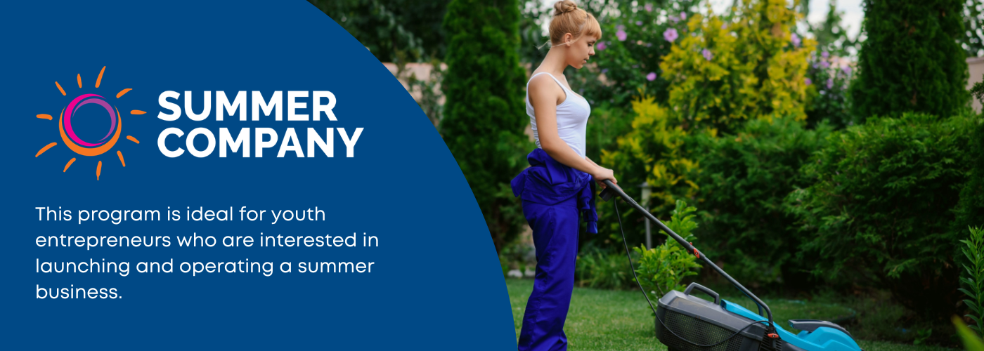 Summer Company program Blue graphic with picture of a woman mowing the lawn