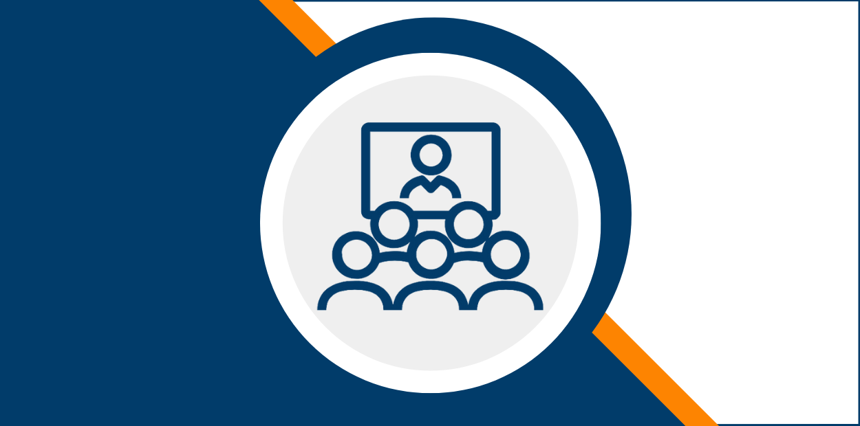 A graphic with a lightbulb icon in a circle. The background is half blue and half white with a diagonal orange line separating the two colours.