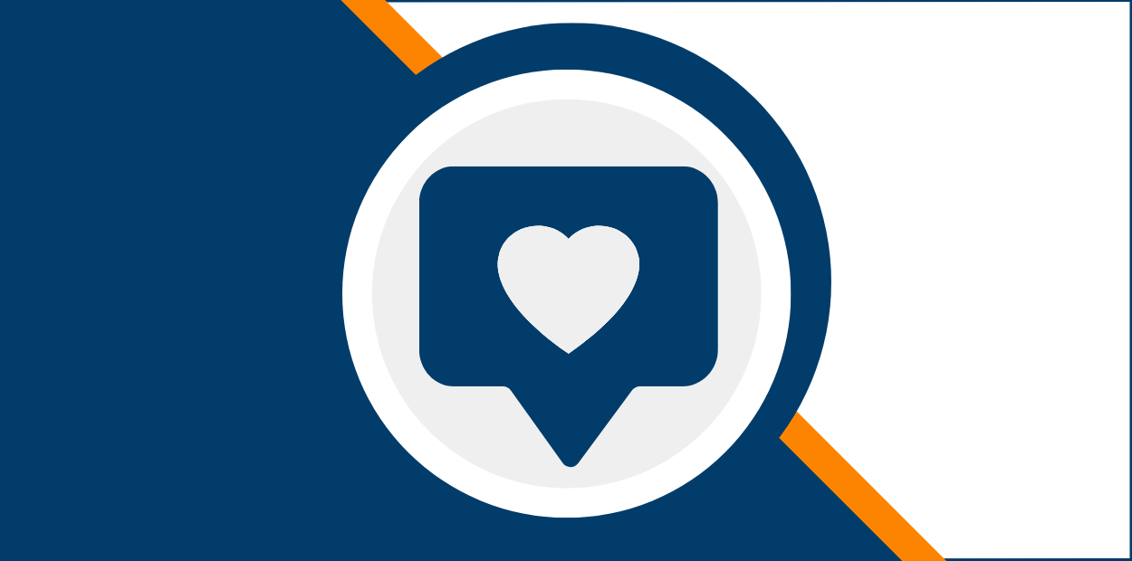 A graphic with a social media heart icon in a circle. The background is half blue and half white with a diagonal orange line separating the two colours.