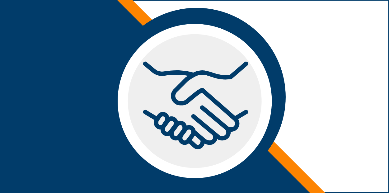 A graphic with a handshake icon in a circle. The background is half blue and half white with a diagonal orange line separating the two colours.