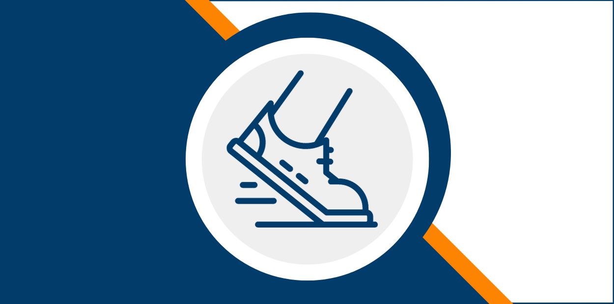 Graphic of a shoe in a circle. The background is half blue and white with an orange separating line.