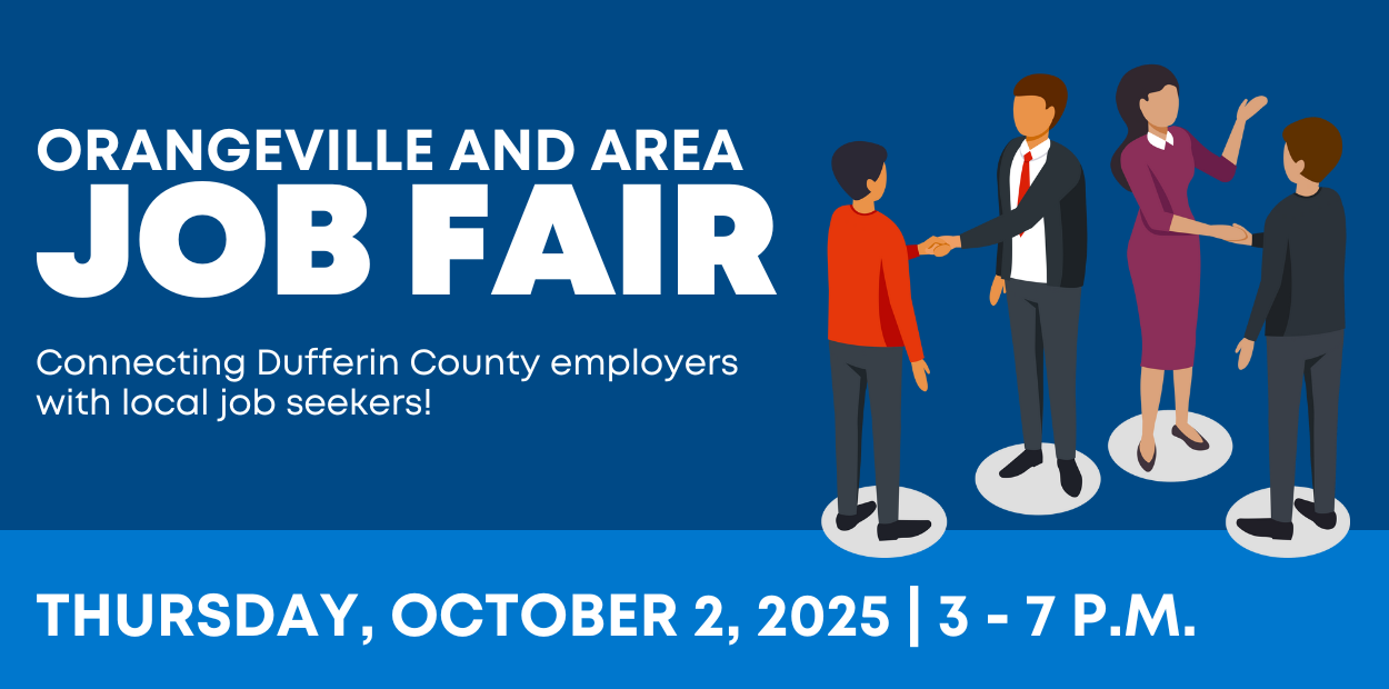 Orangeville and Area Job Fair Graphic of people shaking hands on a blue graphic with white text