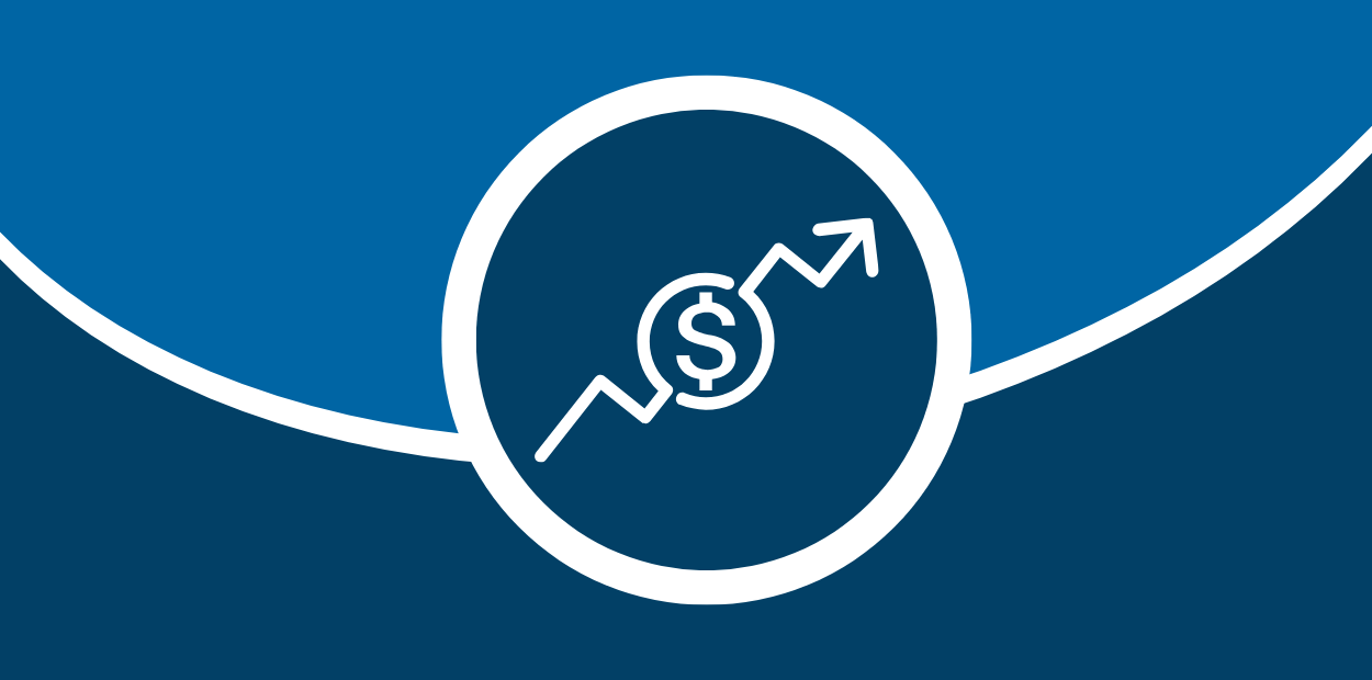 Blue and white graphic with icon of a rising dollar sign