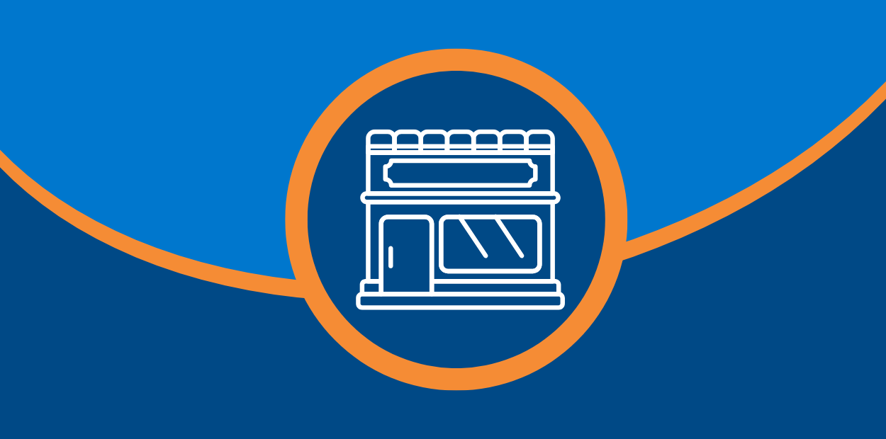 blue and orange graphic with image of a storefront