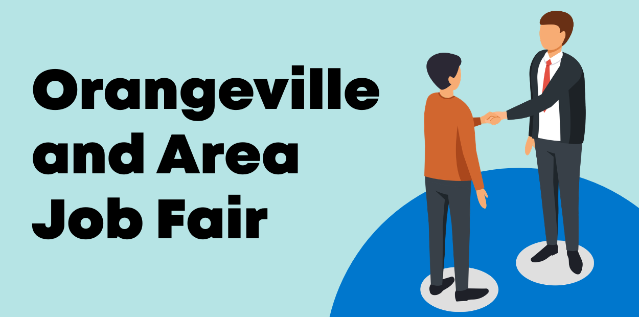 A graphic of two icons shaking hands. The wording reads Orangeville and Area Job Fair