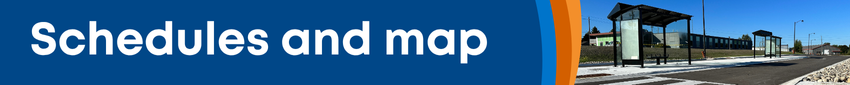 A web banner for the schedules and maps section. A photo of two transit shelters is included on the right side of the banner. 
