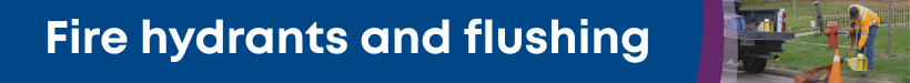 A decorative web banner. On the banner is written the words, fire hydrants and flushing. A picture of a fire hydrant being flushed is included.