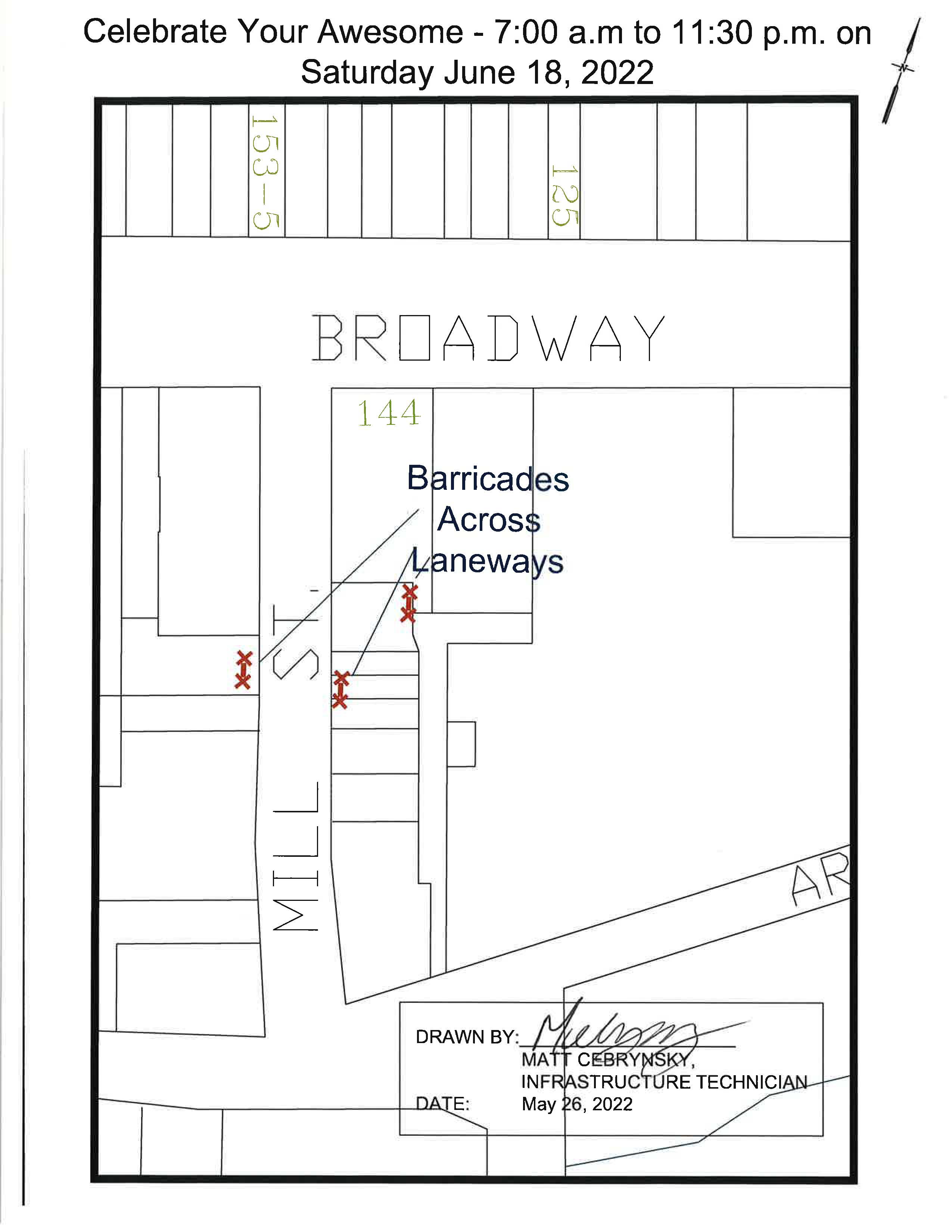 Map of Mill St. closure for Celebrate Your Awesome - Saturday, June 18