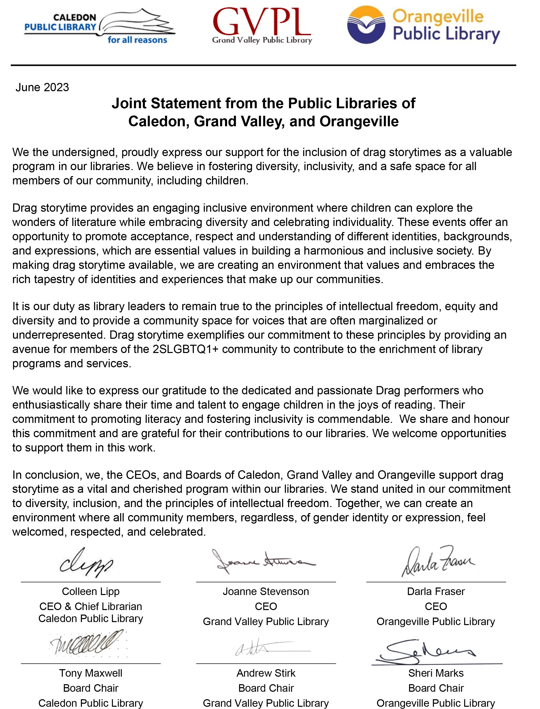 A copy of the above press release with signatures from library CEO's and board chairs