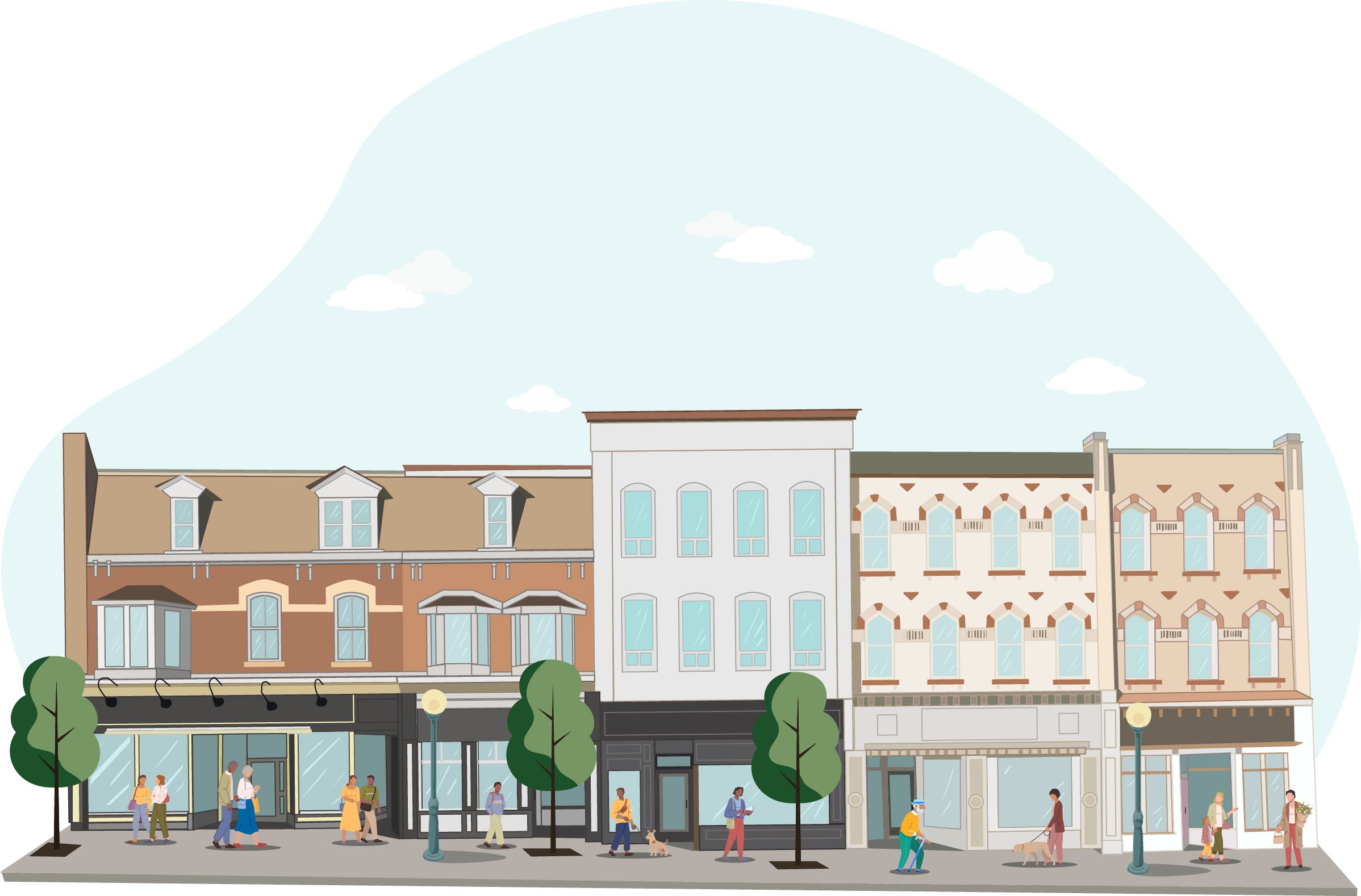 An illustration of several brick buildings, representing a part of downtown Orangeville