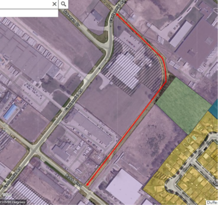 A map of the section of rail spurs for sale from 40 to 50 Centennial Road