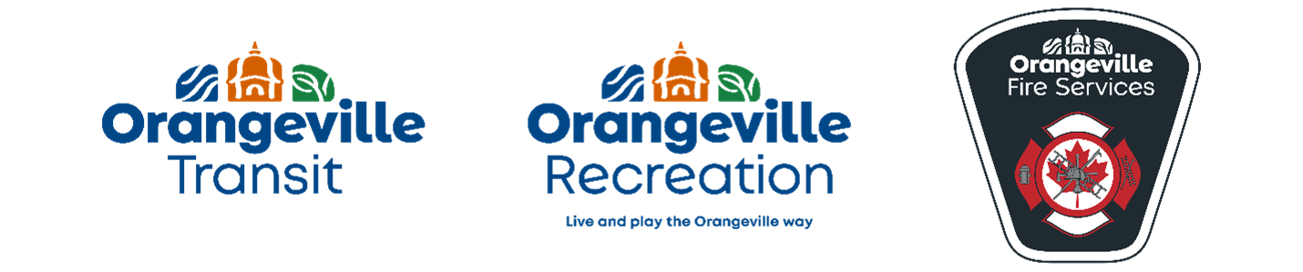Refreshed Town of Orangeville sub-brand logos including, from left to right, Orangeville Transit, Orangeville Recreation and Orangeville Fire Services.