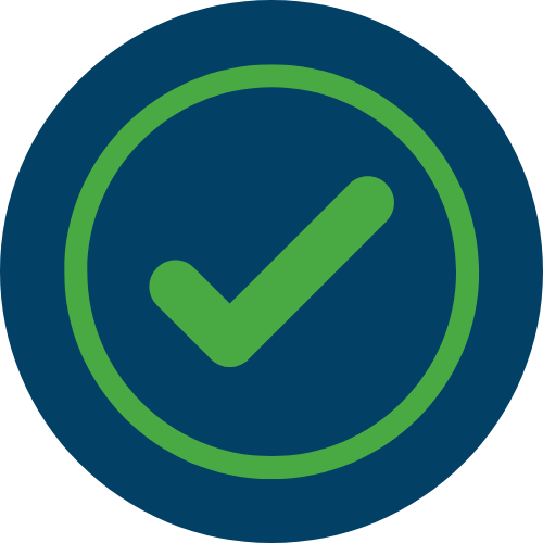 A blue circle icon with an inner bright green circle. Inside the bright green circle is a bright green checkmark