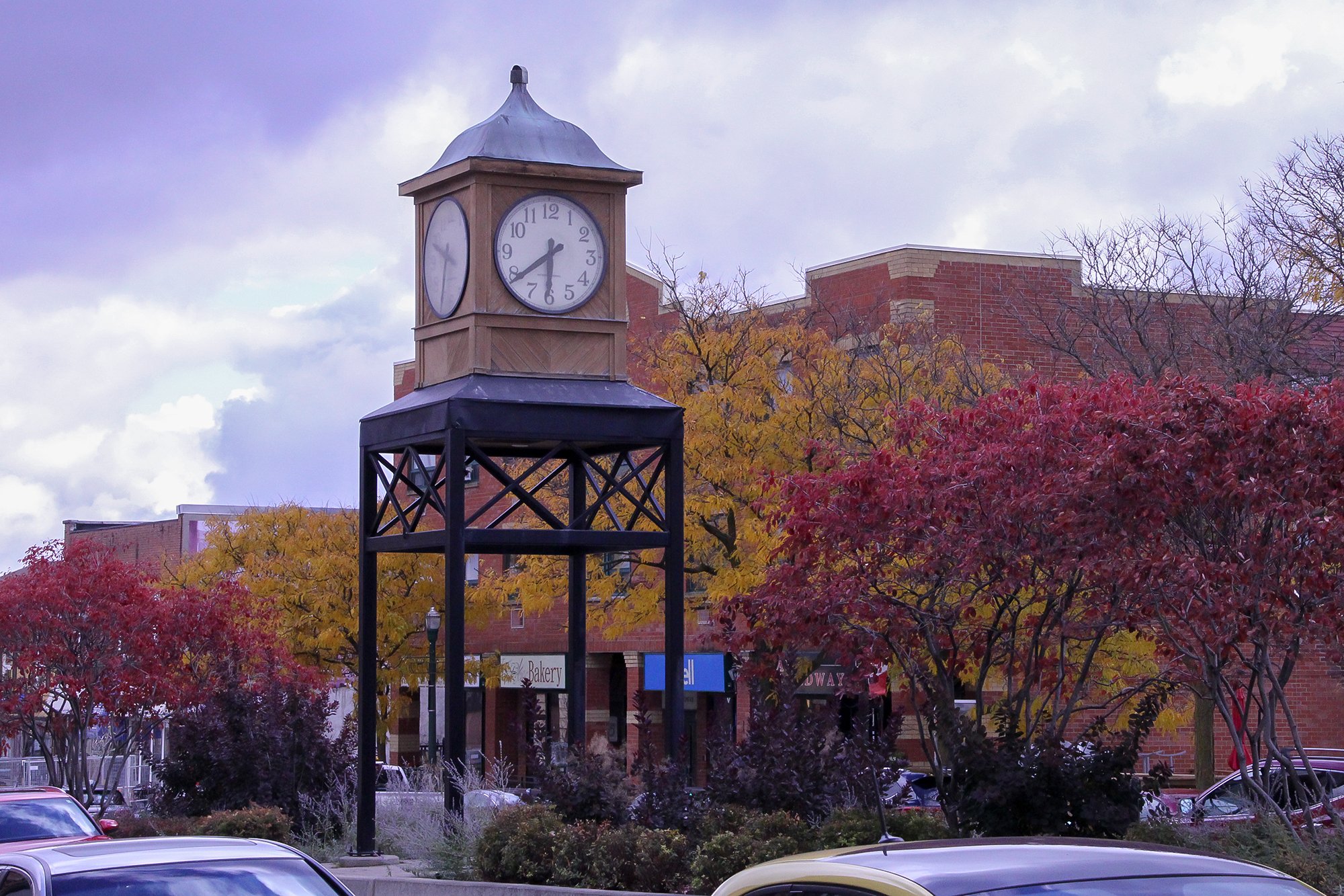 A clock tower in the middle of a downtown core surrounded by fall colours.