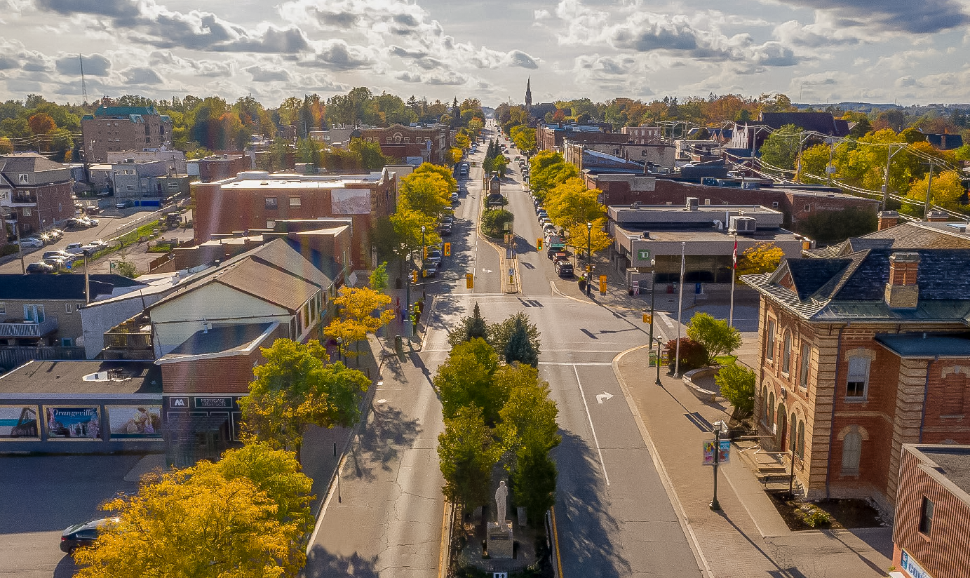An aerial shot of downtown Orangeville looking west.