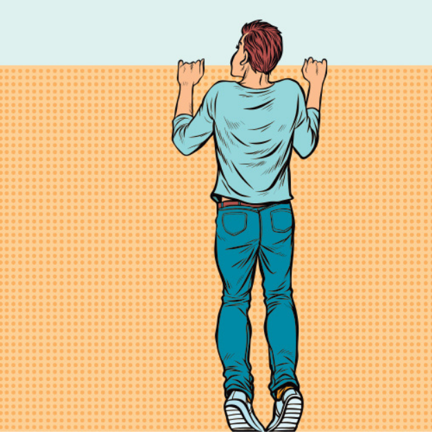 Cartoon drawing of the back of a man standing on his tip toes looking over an orange square