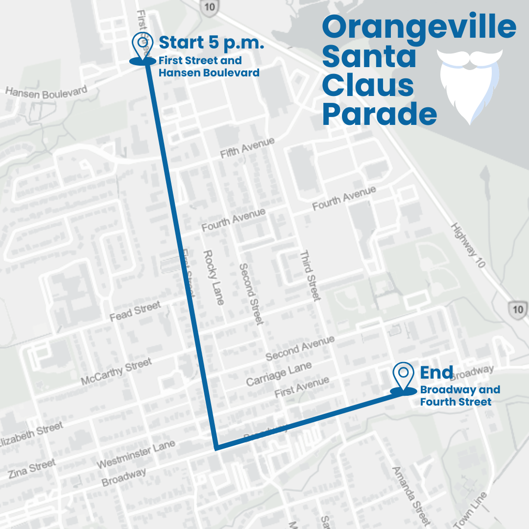 A map of the Orangeville Santa Claus parade route. A text version of route is located below.
