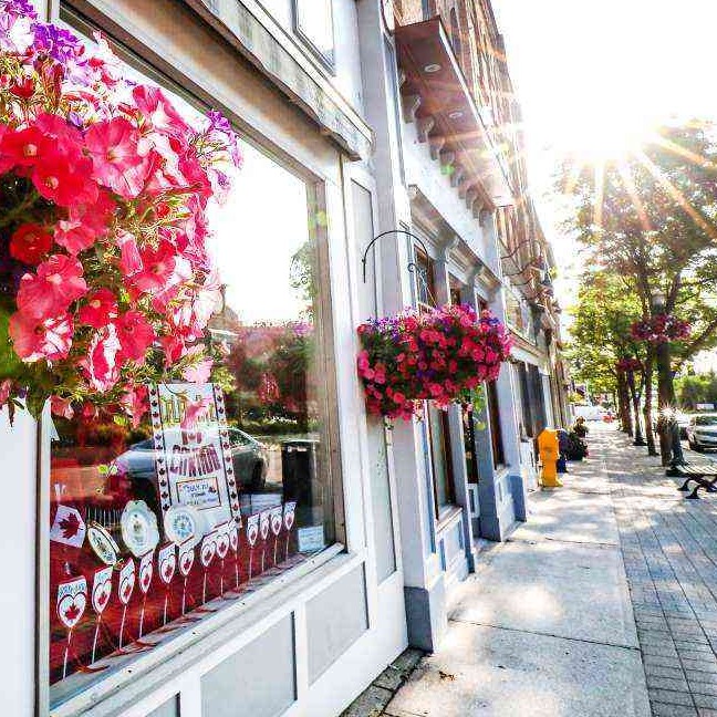 Hanging baskets with pink flowers on a storefront. Canada flags in the window.