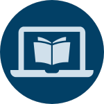 A grapic icon of a laptop with a book on the screen.