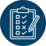 A dark blue circle with an icon of a clipboard
