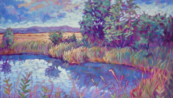 Painting of a blue lake with golden reeds along the banks. There are trees in the background and the sky is blue.
