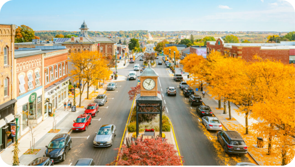 Aerial view of a historic downtown in the fall