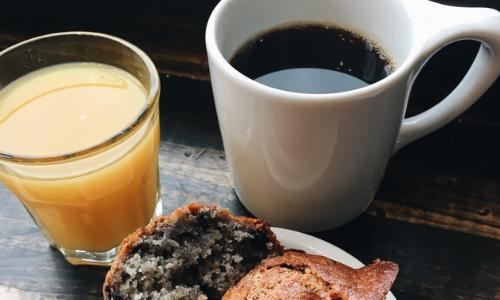 Cup of coffee, glass of orange juice and muffin