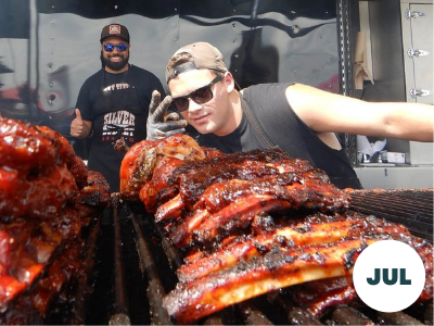 Two men grilling ribs