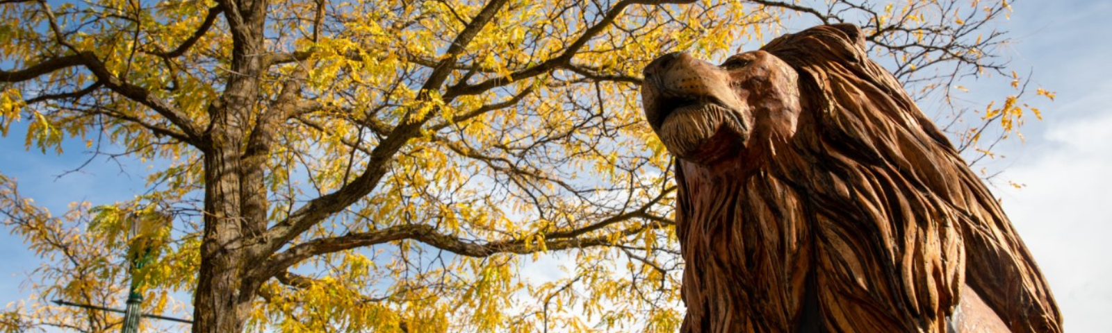 Tree sculpture of a lion with leaves in background