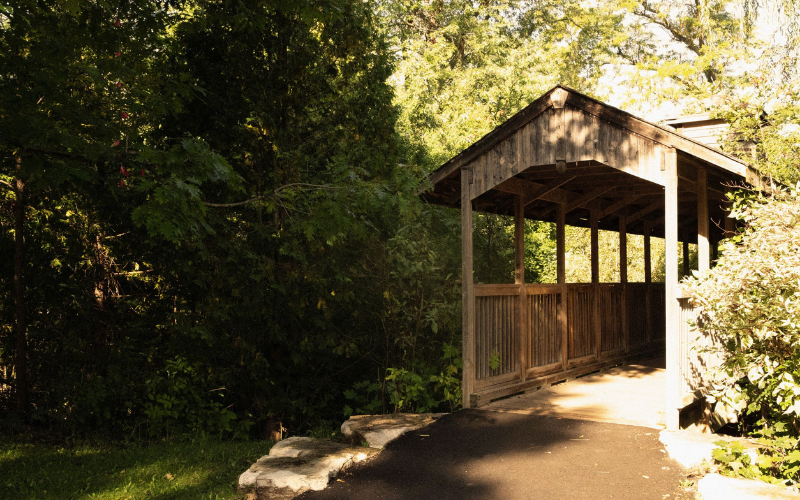 Covered bridge surrounded by green trees