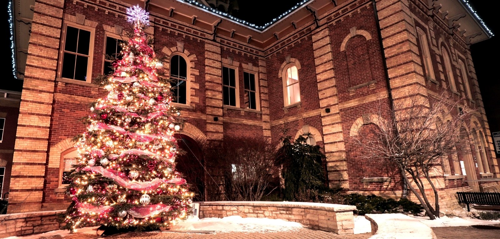 A decorated Christmas tree in front of a brick historic building. It is night time and the tree is brilliantly lit.