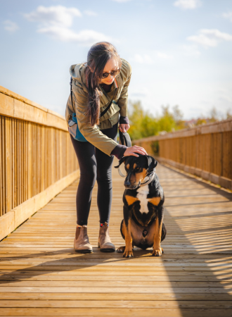 A woman dressed dressed for a hike, pets her dog on a bridge.